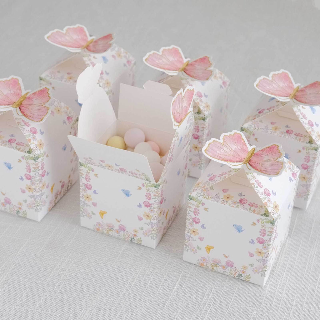 25 Pack White Pink Glitter Butterfly Top Candy Gift Boxes, 3"x4" Spring Floral Party Favor Boxes - Bell Racket Store