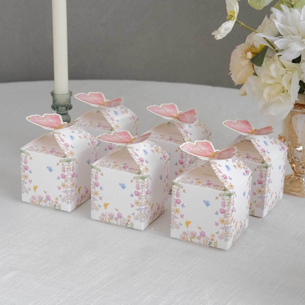 25 Pack White Pink Glitter Butterfly Top Candy Gift Boxes, 3"x4" Spring Floral Party Favor Boxes - Bell Racket Store