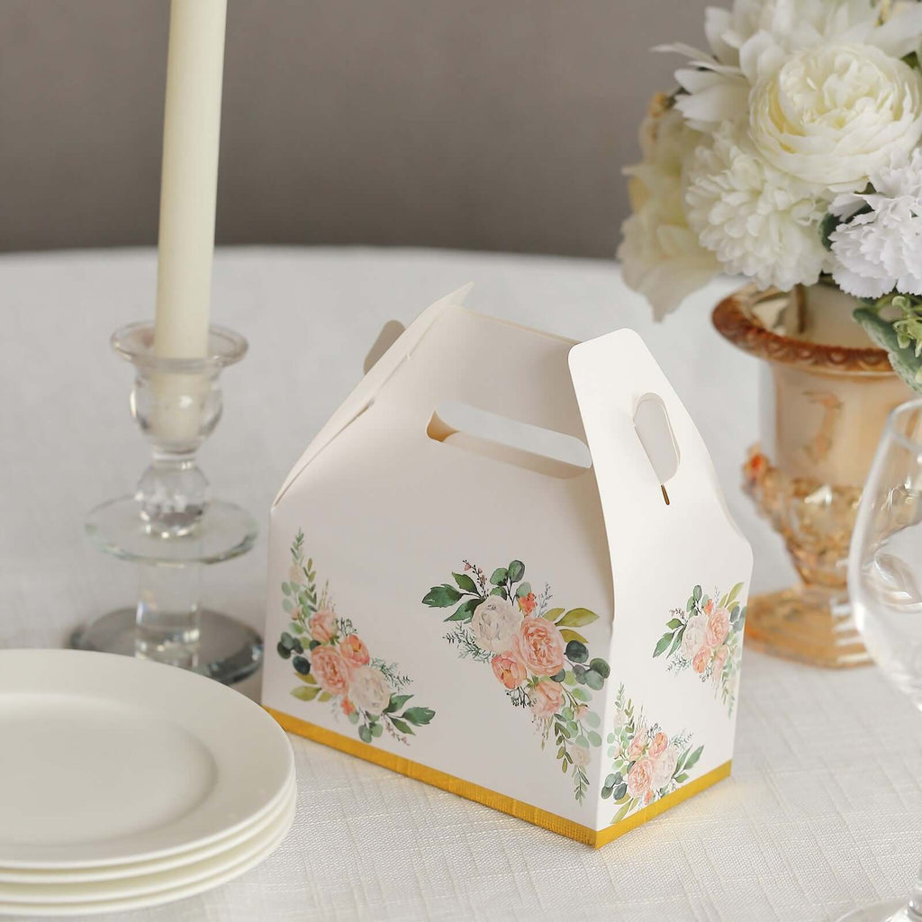25 Pack White Pink Peony Flowers Print Candy Gift Tote Gable Boxes with Gold Edge, Party Favor Treat Boxes - 6"x3.5"x7" - Bell Racket Store
