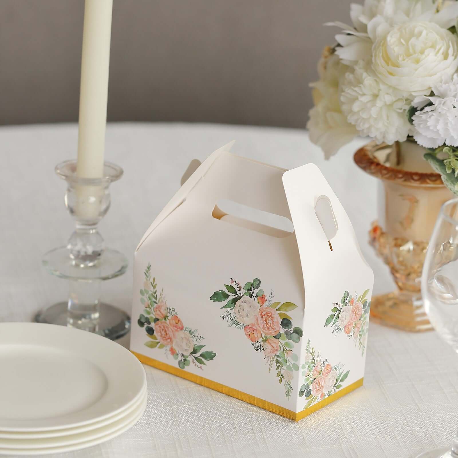 25 Pack White Pink Peony Flowers Print Candy Gift Tote Gable Boxes with Gold Edge, Party Favor Treat Boxes - 6"x3.5"x7" - Bell Racket Store