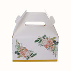 25 Pack White Pink Peony Flowers Print Candy Gift Tote Gable Boxes with Gold Edge, Party Favor Treat Boxes - 6"x3.5"x7" - Bell Racket Store