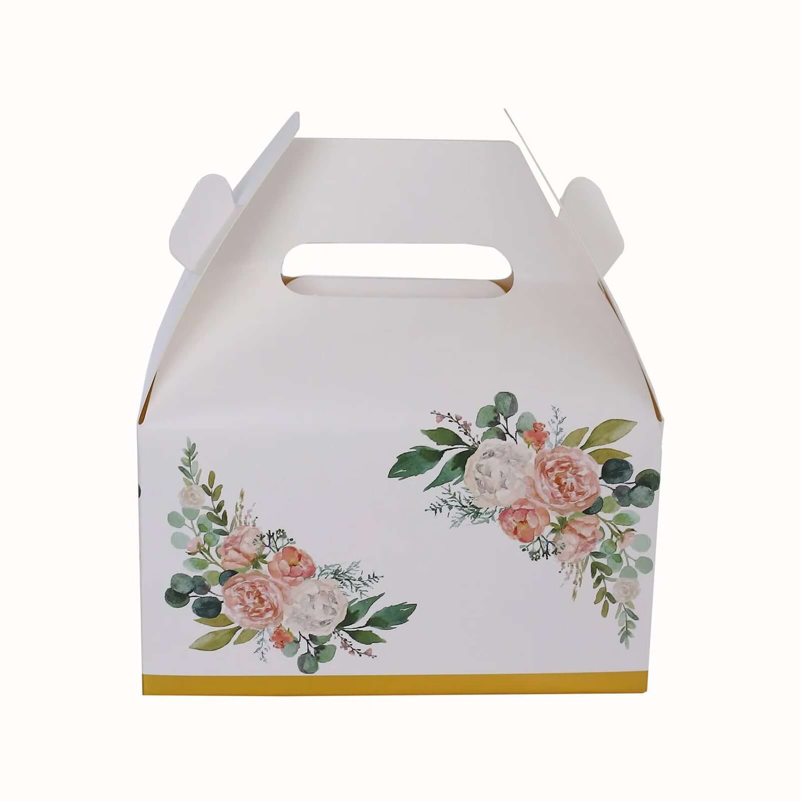 25 Pack White Pink Peony Flowers Print Candy Gift Tote Gable Boxes with Gold Edge, Party Favor Treat Boxes - 6"x3.5"x7" - Bell Racket Store