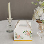 25 Pack White Pink Peony Flowers Print Candy Gift Tote Gable Boxes with Gold Edge, Party Favor Treat Boxes - 6"x3.5"x7" - Bell Racket Store