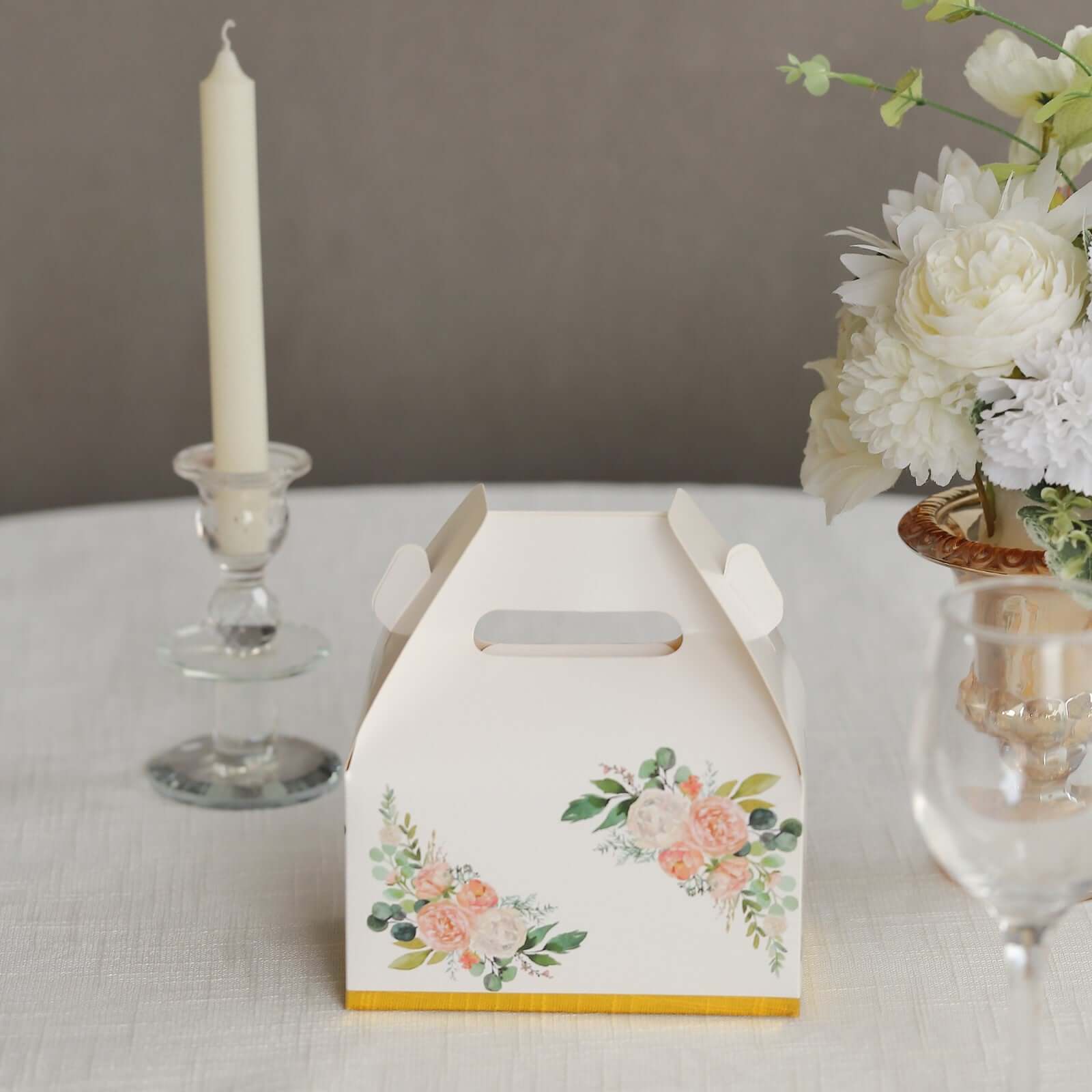 25 Pack White Pink Peony Flowers Print Candy Gift Tote Gable Boxes with Gold Edge, Party Favor Treat Boxes - 6"x3.5"x7" - Bell Racket Store