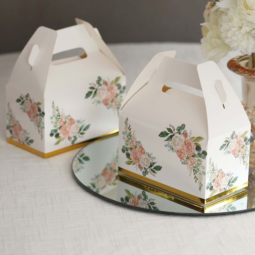 25 Pack White Pink Peony Flowers Print Candy Gift Tote Gable Boxes with Gold Edge, Party Favor Treat Boxes - 6"x3.5"x7" - Bell Racket Store