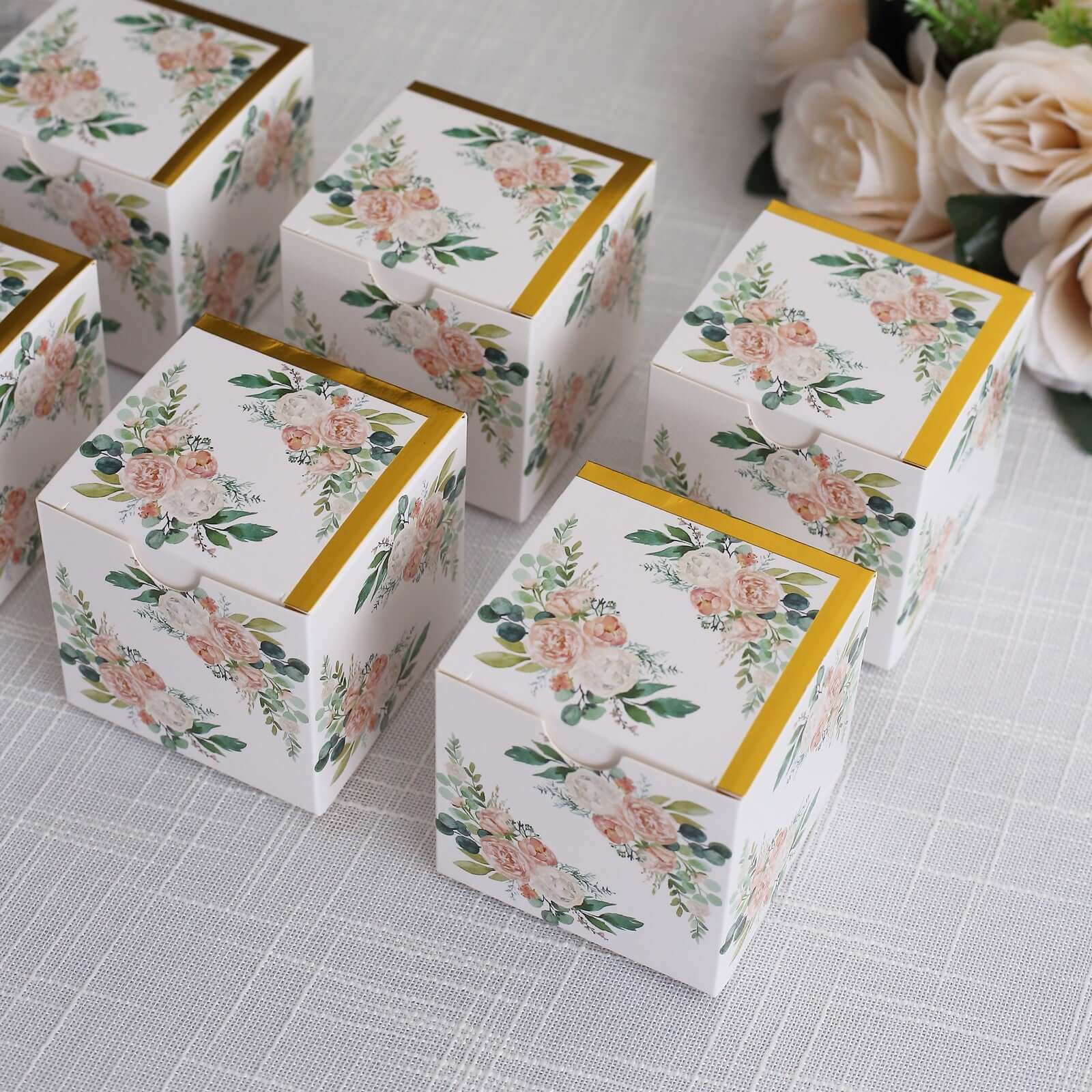 25 Pack White Pink Peony Flowers Print Paper Favor Boxes with Gold Edge, Cardstock Party Shower Candy Gift Boxes - 3"x3"x3" - Bell Racket Store