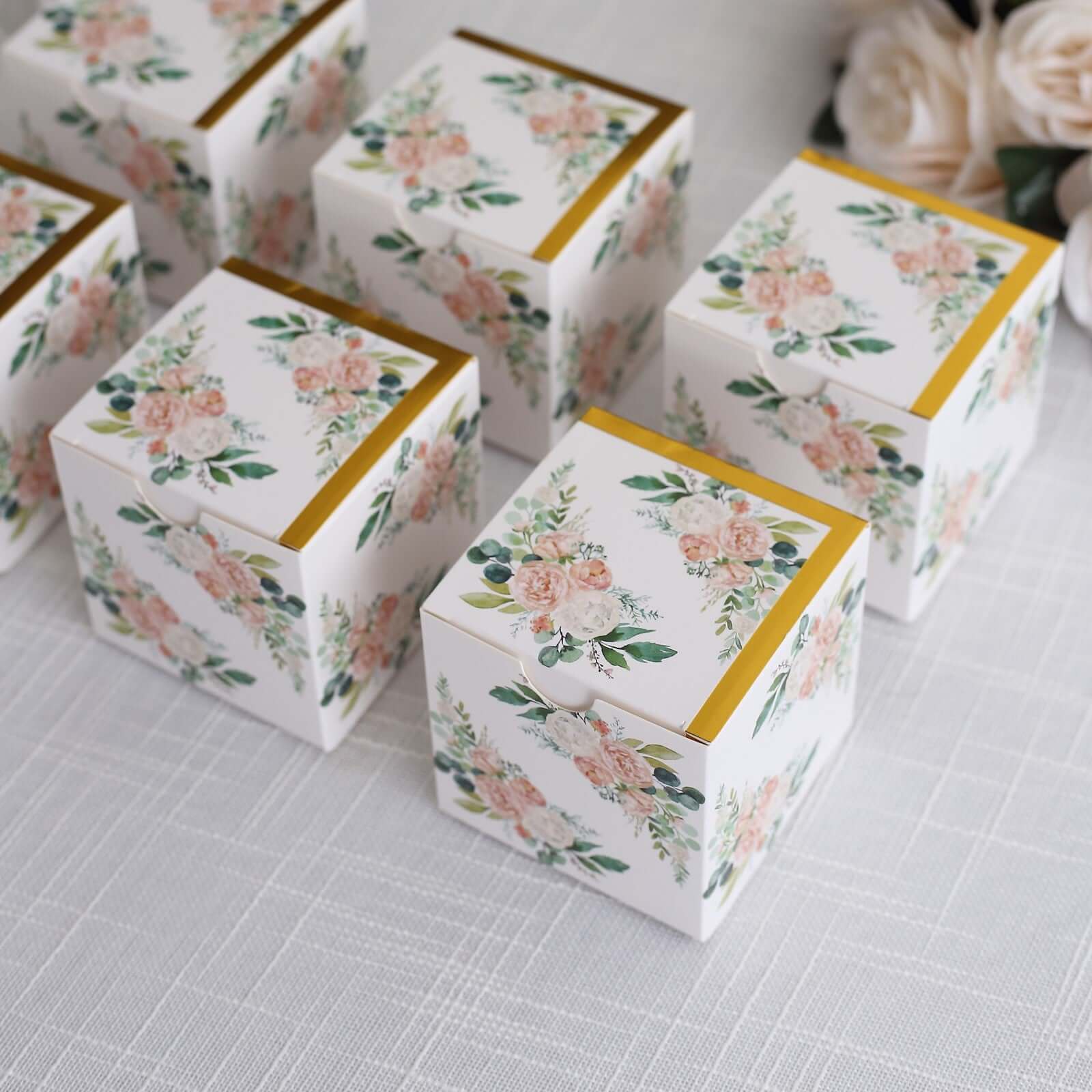 25 Pack White Pink Peony Flowers Print Paper Favor Boxes with Gold Edge, Cardstock Party Shower Candy Gift Boxes - 3"x3"x3" - Bell Racket Store