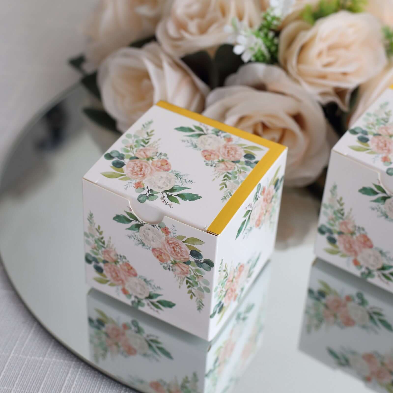 25 Pack White Pink Peony Flowers Print Paper Favor Boxes with Gold Edge, Cardstock Party Shower Candy Gift Boxes - 3"x3"x3" - Bell Racket Store