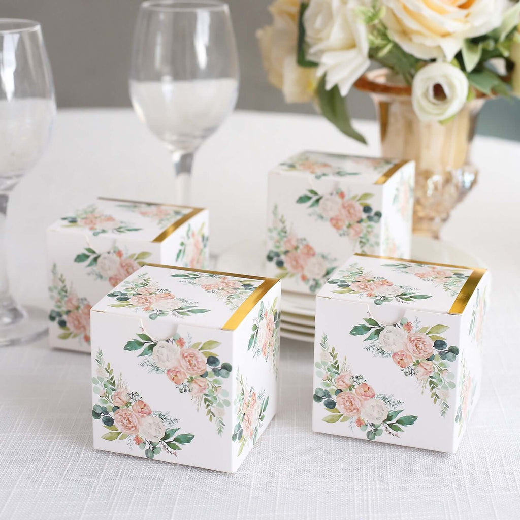 25 Pack White Pink Peony Flowers Print Paper Favor Boxes with Gold Edge, Cardstock Party Shower Candy Gift Boxes - 3"x3"x3" - Bell Racket Store
