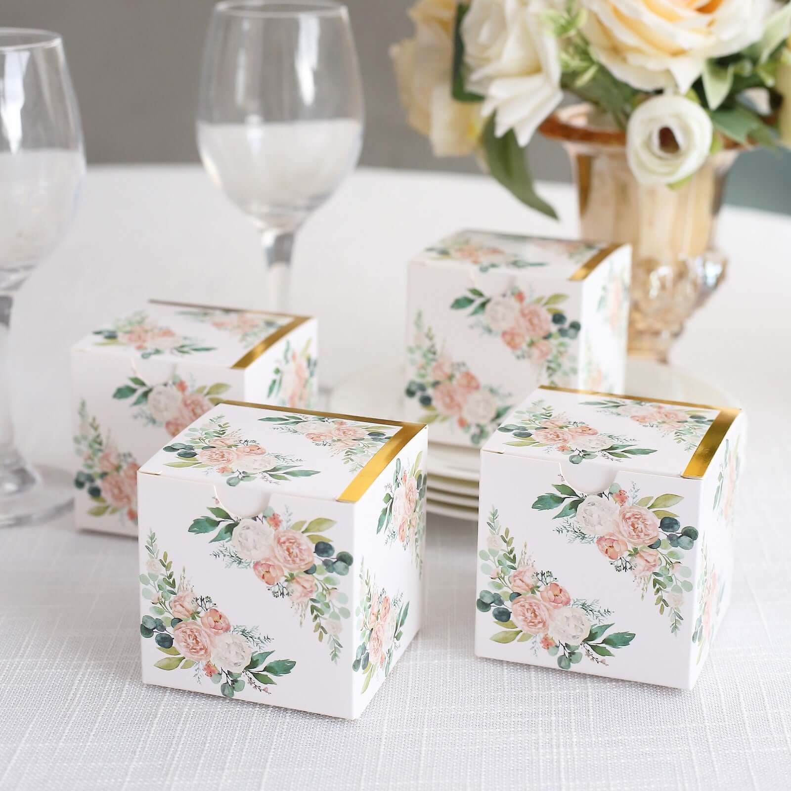 25 Pack White Pink Peony Flowers Print Paper Favor Boxes with Gold Edge, Cardstock Party Shower Candy Gift Boxes - 3"x3"x3" - Bell Racket Store