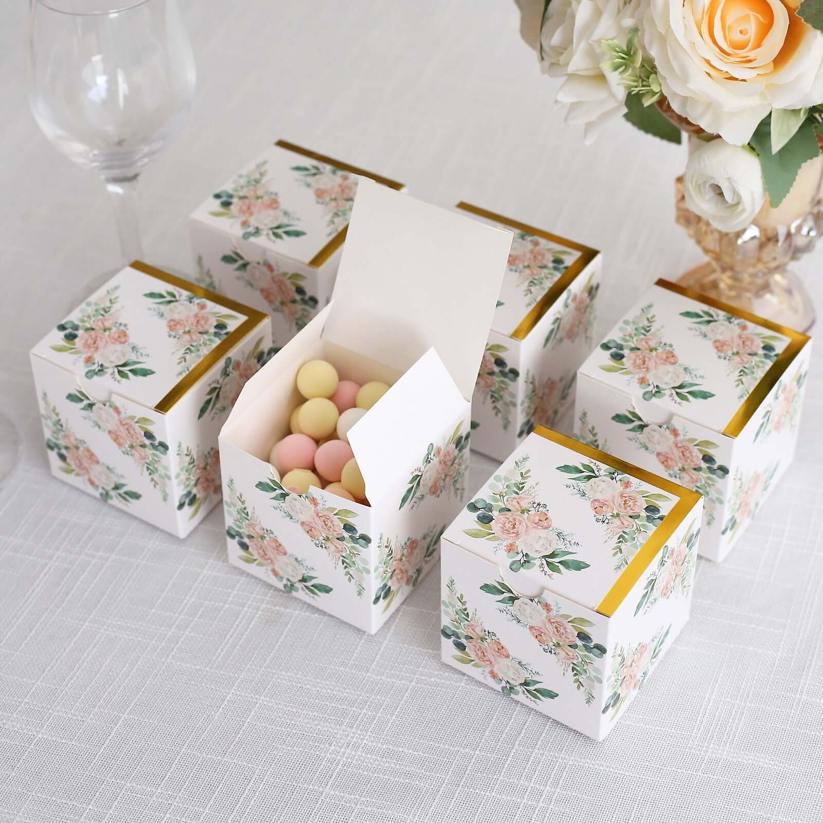 25 Pack White Pink Peony Flowers Print Paper Favor Boxes with Gold Edge, Cardstock Party Shower Candy Gift Boxes - 3"x3"x3" - Bell Racket Store