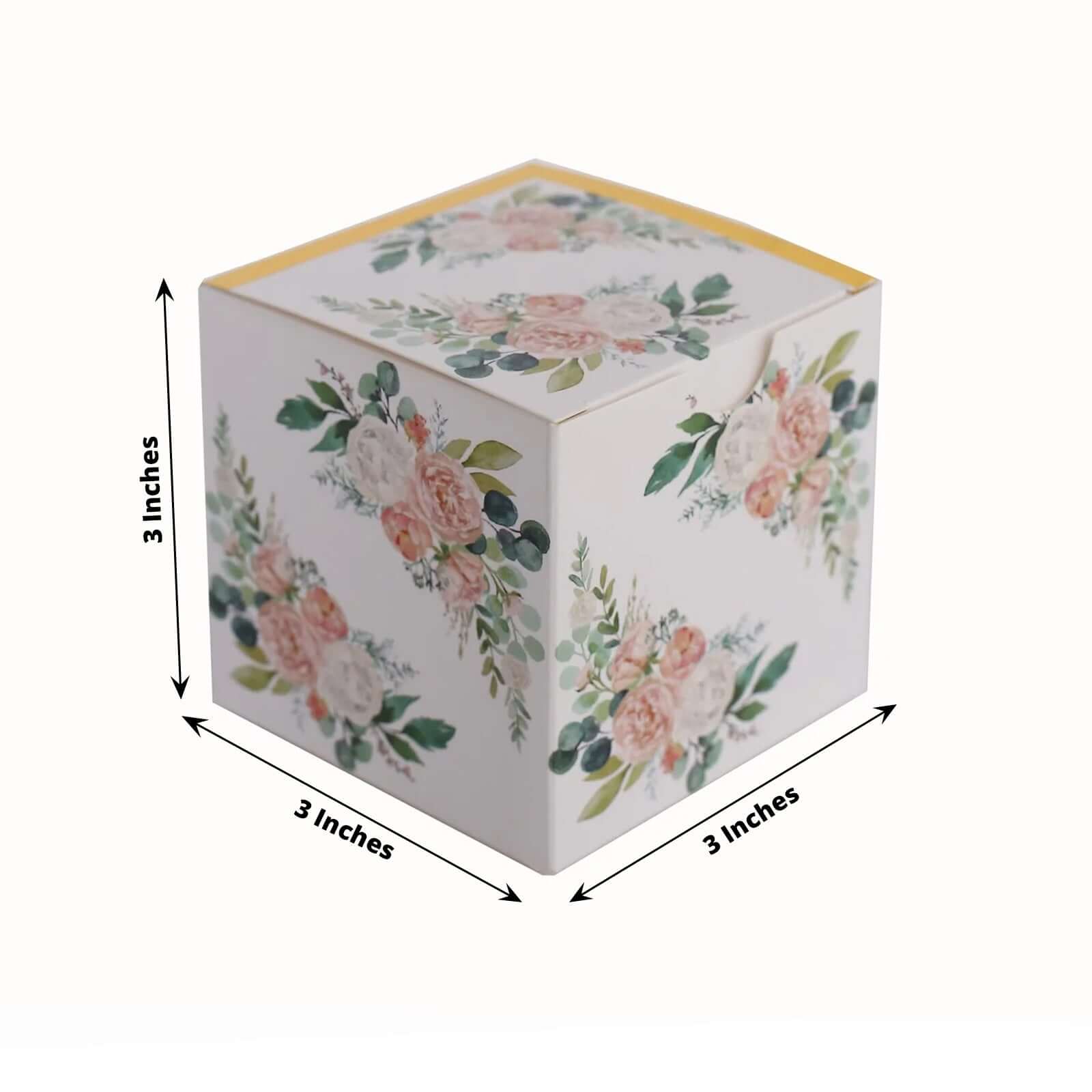 25 Pack White Pink Peony Flowers Print Paper Favor Boxes with Gold Edge, Cardstock Party Shower Candy Gift Boxes - 3"x3"x3" - Bell Racket Store