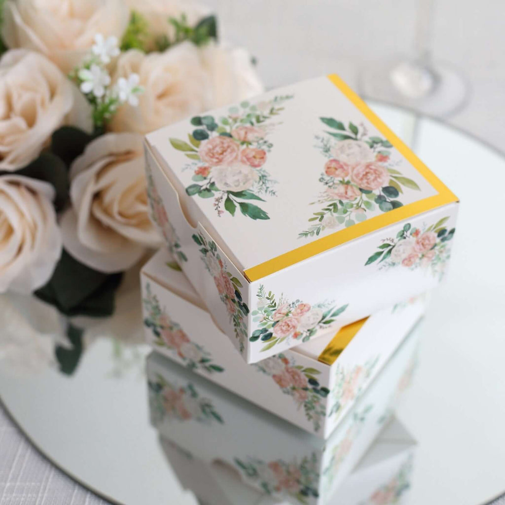 25 Pack White Pink Peony Flowers Print Paper Favor Boxes with Gold Edge, Cardstock Party Shower Candy Gift Boxes - 4"x4"x2" - Bell Racket Store