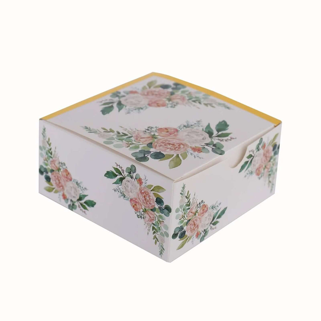 25 Pack White Pink Peony Flowers Print Paper Favor Boxes with Gold Edge, Cardstock Party Shower Candy Gift Boxes - 4"x4"x2" - Bell Racket Store