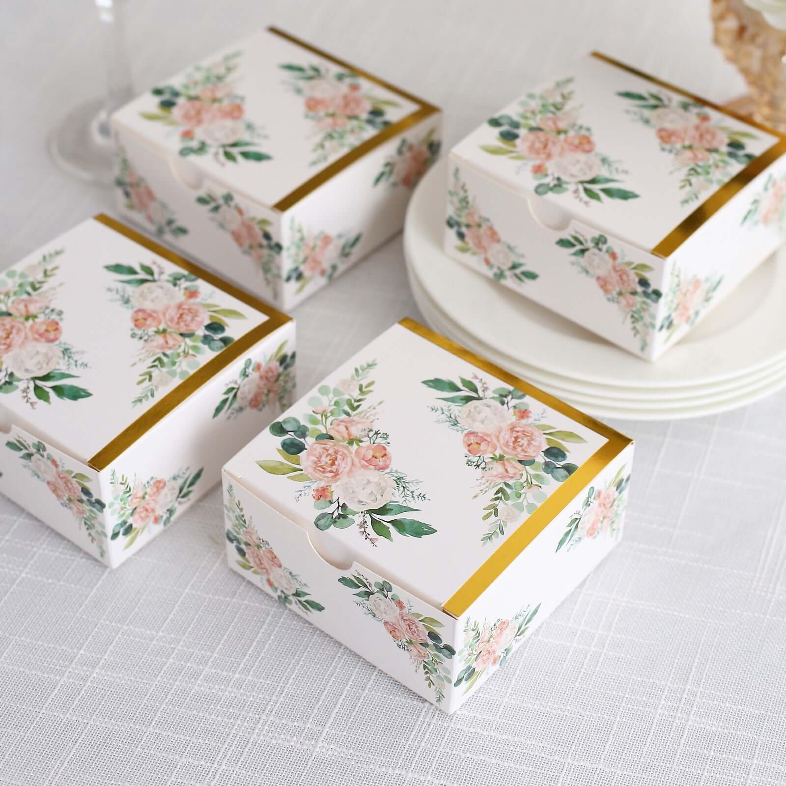 25 Pack White Pink Peony Flowers Print Paper Favor Boxes with Gold Edge, Cardstock Party Shower Candy Gift Boxes - 4"x4"x2" - Bell Racket Store