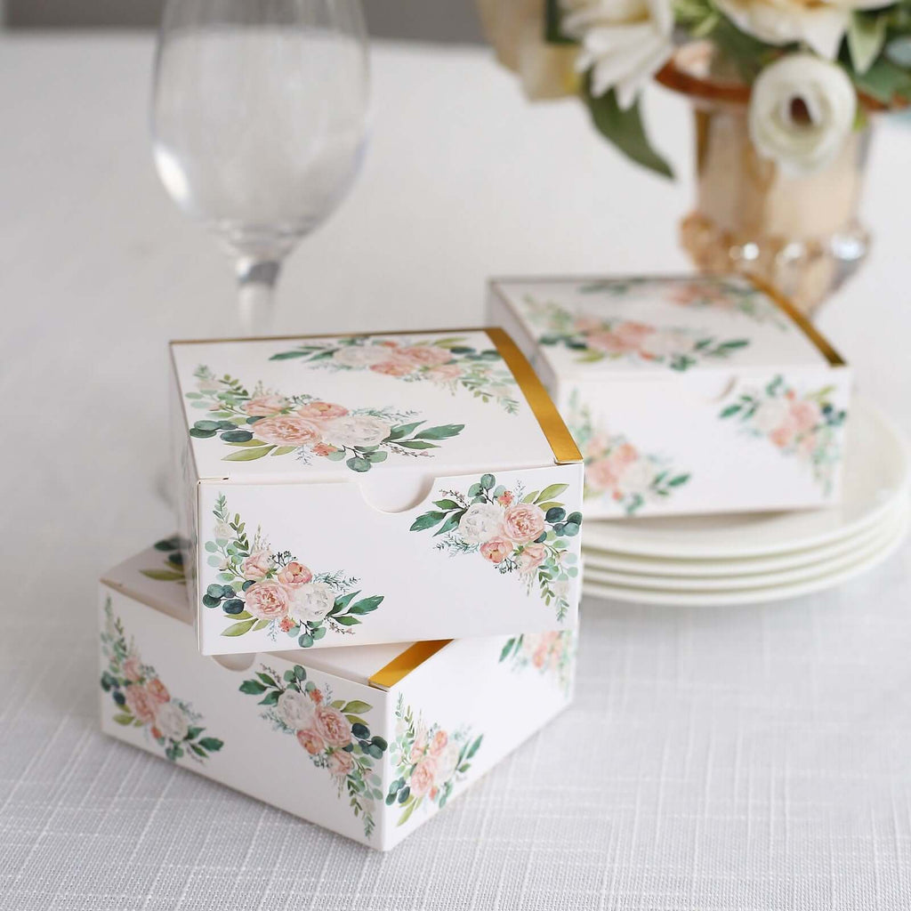 25 Pack White Pink Peony Flowers Print Paper Favor Boxes with Gold Edge, Cardstock Party Shower Candy Gift Boxes - 4"x4"x2" - Bell Racket Store