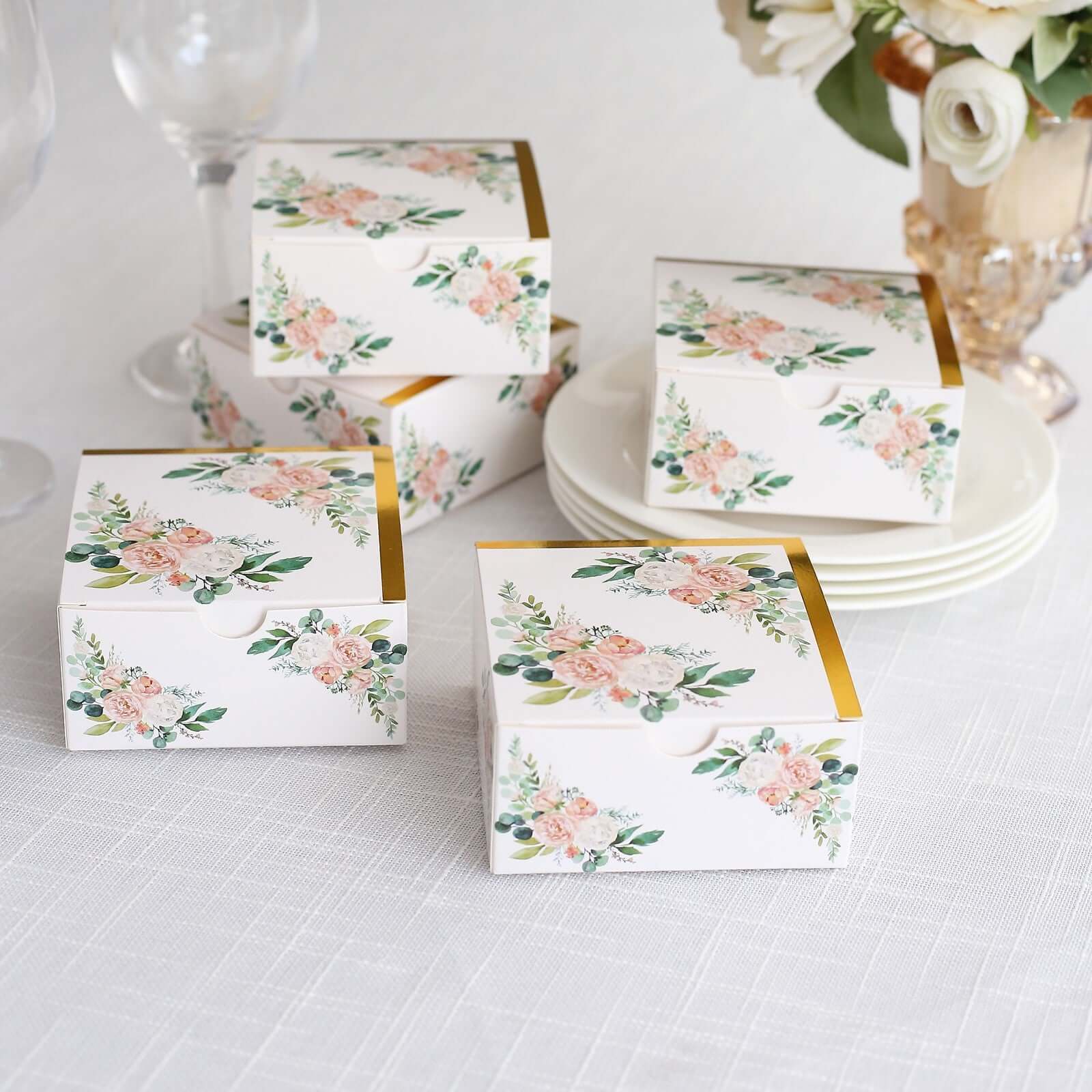 25 Pack White Pink Peony Flowers Print Paper Favor Boxes with Gold Edge, Cardstock Party Shower Candy Gift Boxes - 4"x4"x2" - Bell Racket Store