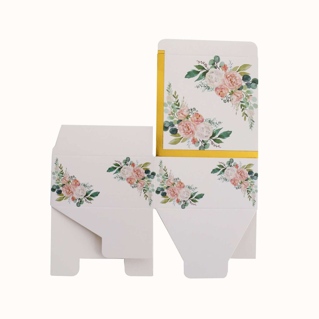 25 Pack White Pink Peony Flowers Print Paper Favor Boxes with Gold Edge, Cardstock Party Shower Candy Gift Boxes - 4"x4"x2" - Bell Racket Store