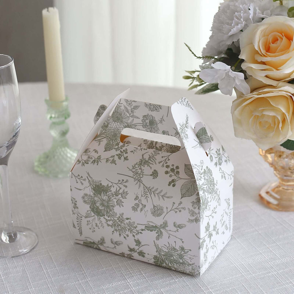 25 Pack White Sage Green Candy Gift Tote Gable Boxes in French Toile Pattern, Party Favor Treat Boxes - 6"x3.5"x7" - Bell Racket Store
