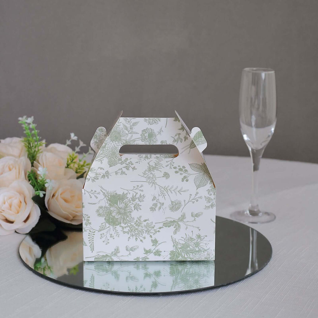 25 Pack White Sage Green Candy Gift Tote Gable Boxes in French Toile Pattern, Party Favor Treat Boxes - 6"x3.5"x7" - Bell Racket Store