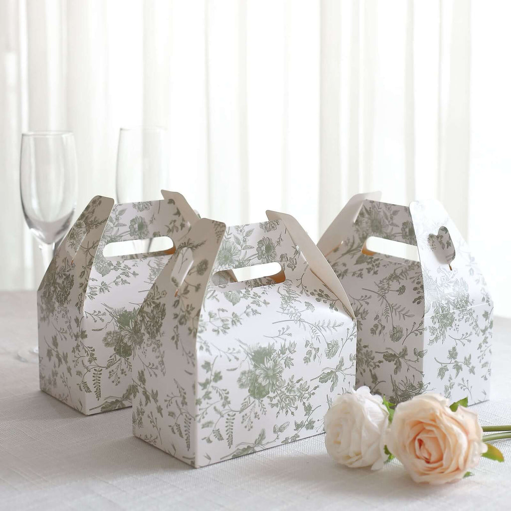 25 Pack White Sage Green Candy Gift Tote Gable Boxes in French Toile Pattern, Party Favor Treat Boxes - 6"x3.5"x7" - Bell Racket Store