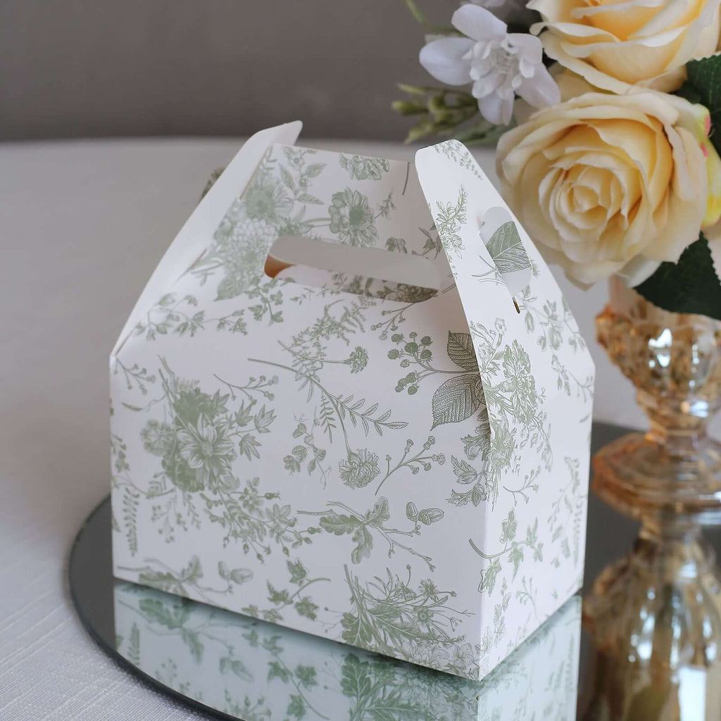 25 Pack White Sage Green Candy Gift Tote Gable Boxes in French Toile Pattern, Party Favor Treat Boxes - 6"x3.5"x7" - Bell Racket Store