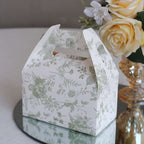 25 Pack White Sage Green Candy Gift Tote Gable Boxes in French Toile Pattern, Party Favor Treat Boxes - 6"x3.5"x7" - Bell Racket Store