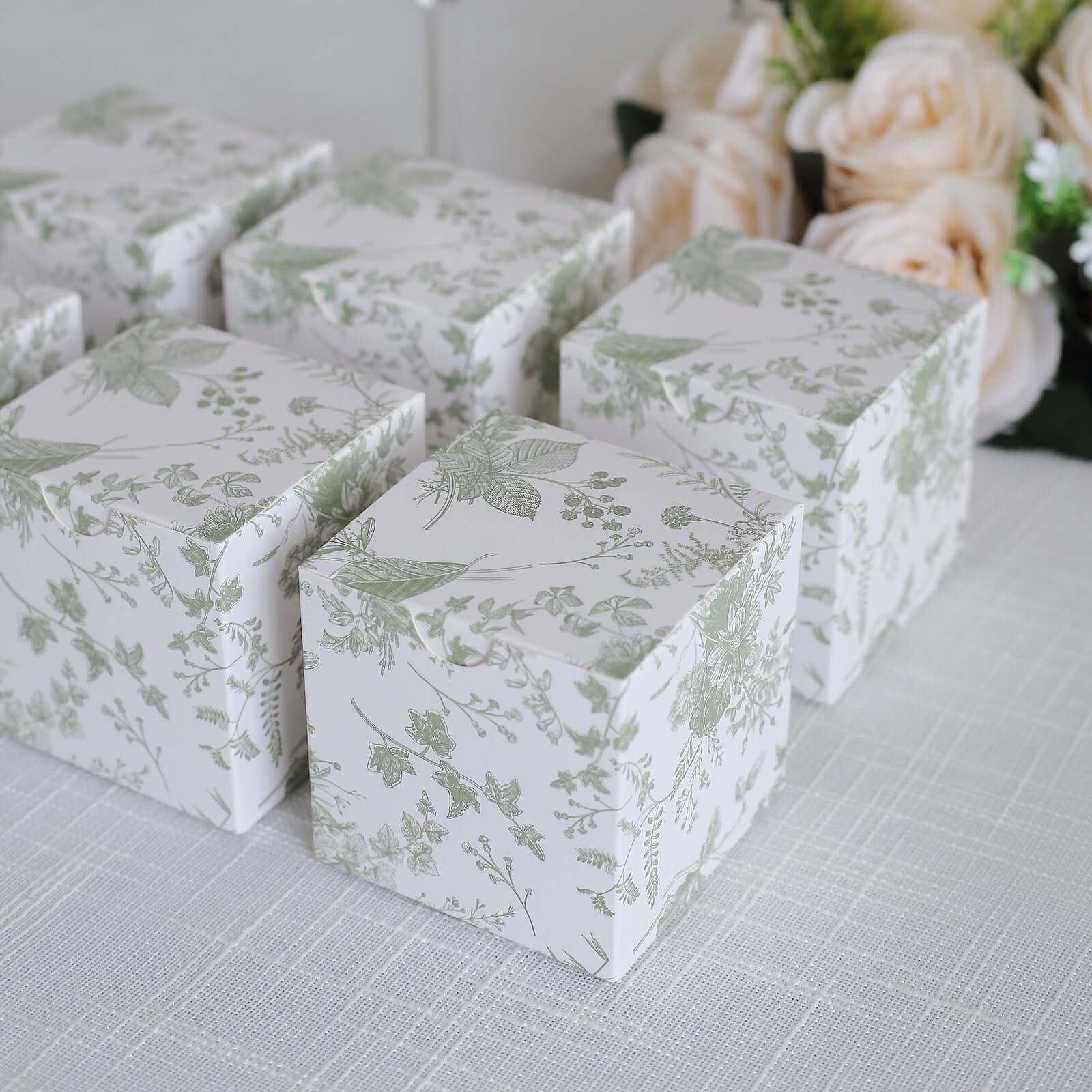 25 Pack White Sage Green Paper Favor Boxes in French Toile Pattern, Cardstock Party Shower Candy Gift Boxes - 3"x3"x3" - Bell Racket Store