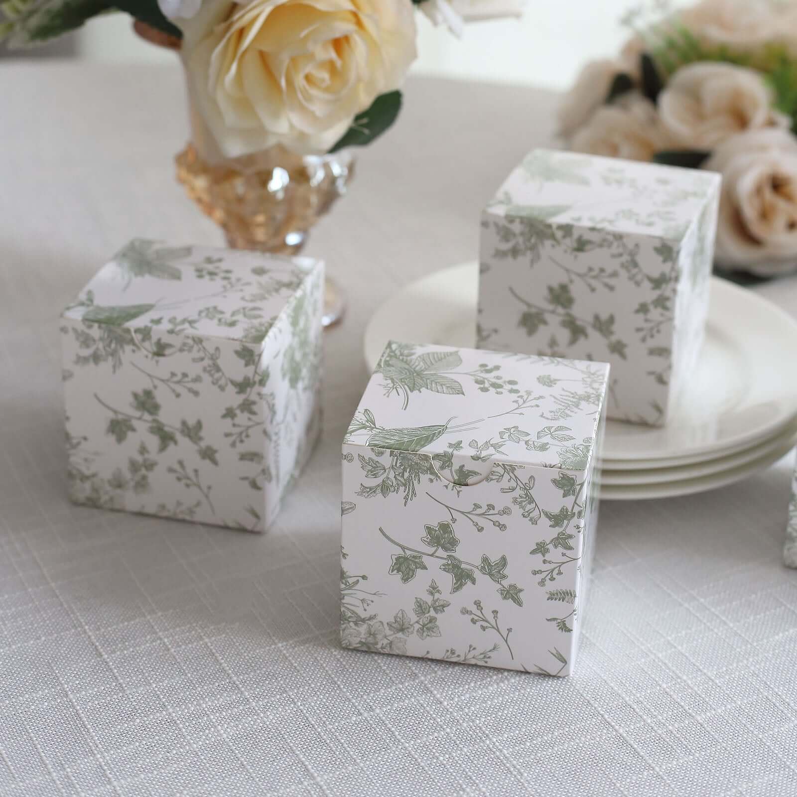 25 Pack White Sage Green Paper Favor Boxes in French Toile Pattern, Cardstock Party Shower Candy Gift Boxes - 3"x3"x3" - Bell Racket Store