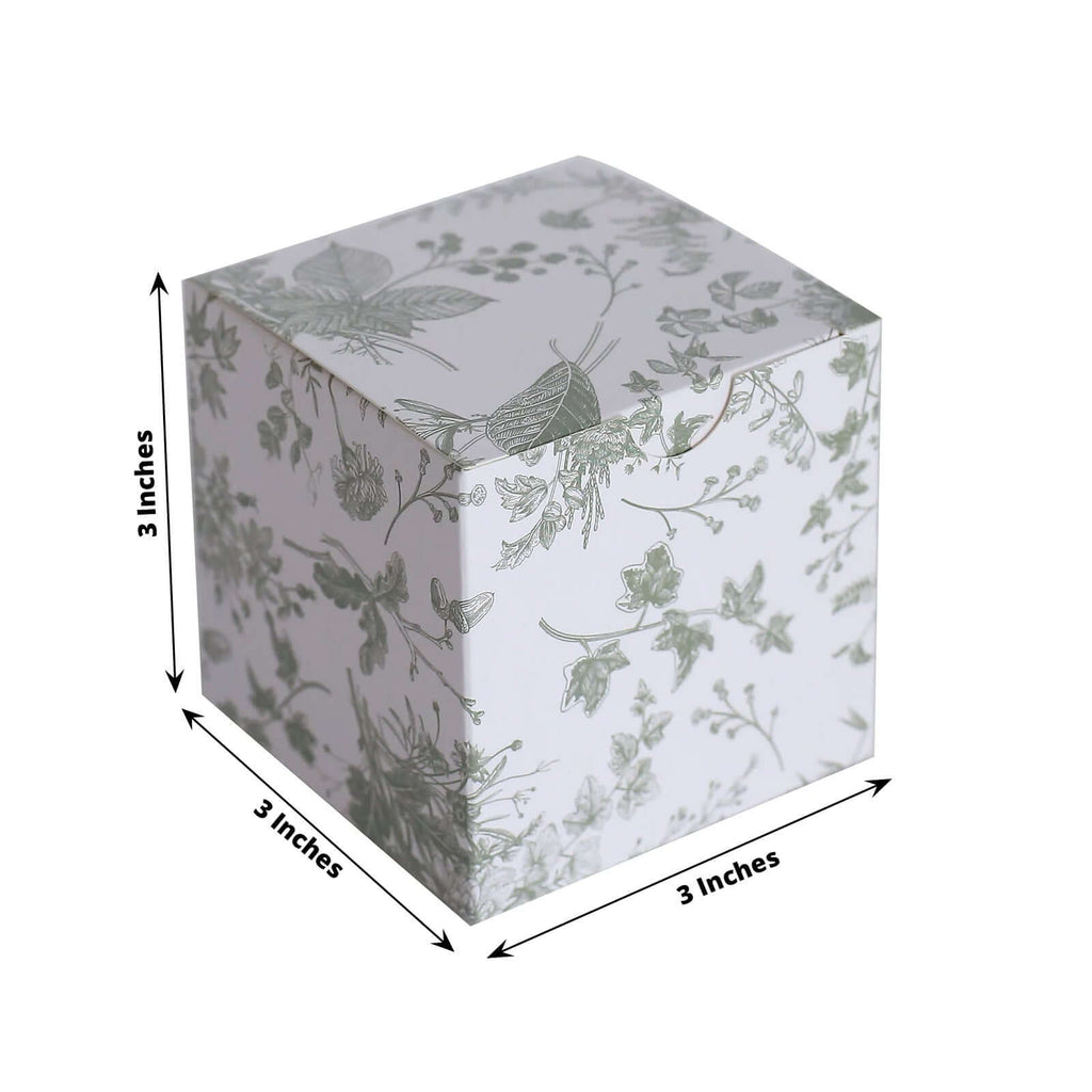 25 Pack White Sage Green Paper Favor Boxes in French Toile Pattern, Cardstock Party Shower Candy Gift Boxes - 3"x3"x3" - Bell Racket Store