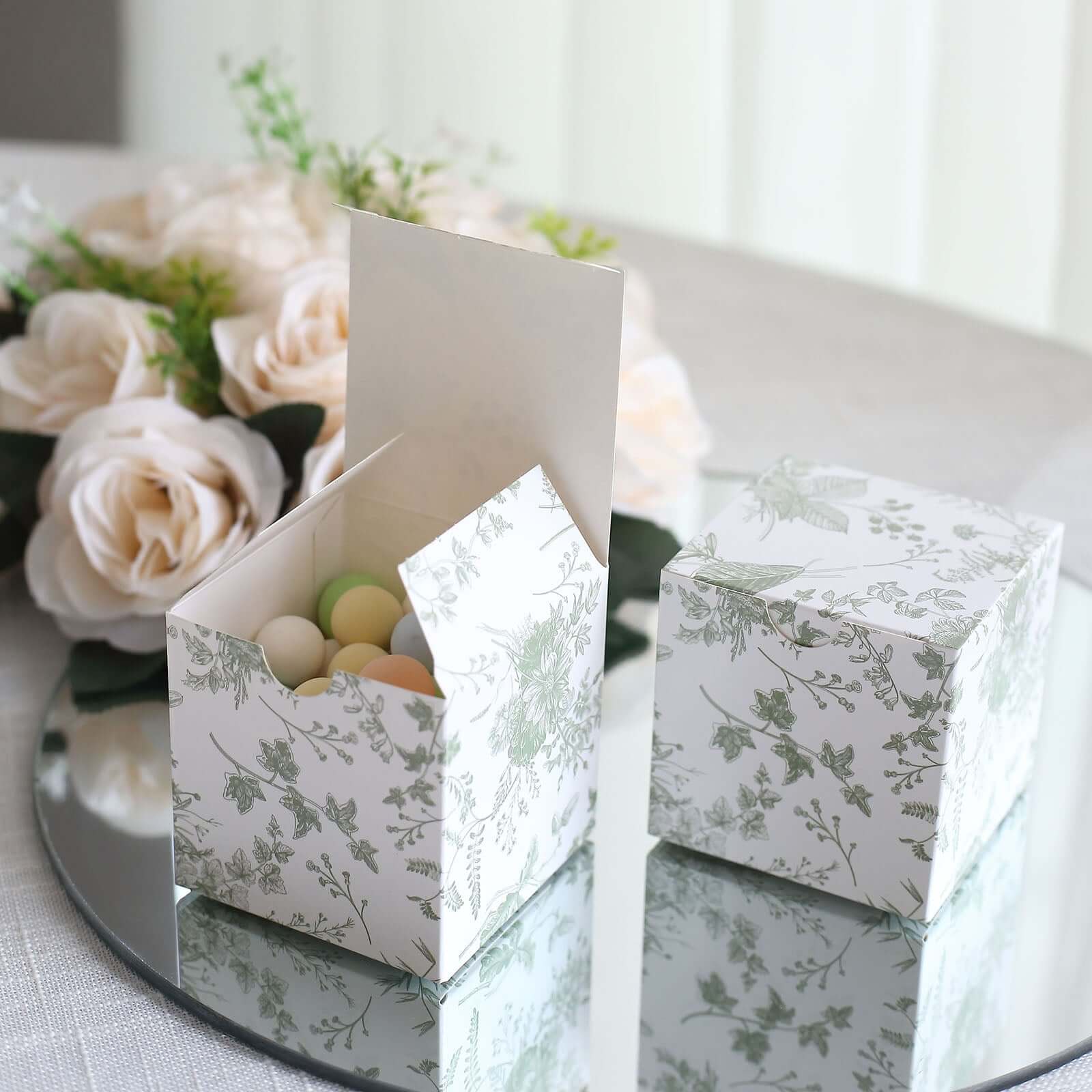 25 Pack White Sage Green Paper Favor Boxes in French Toile Pattern, Cardstock Party Shower Candy Gift Boxes - 3"x3"x3" - Bell Racket Store