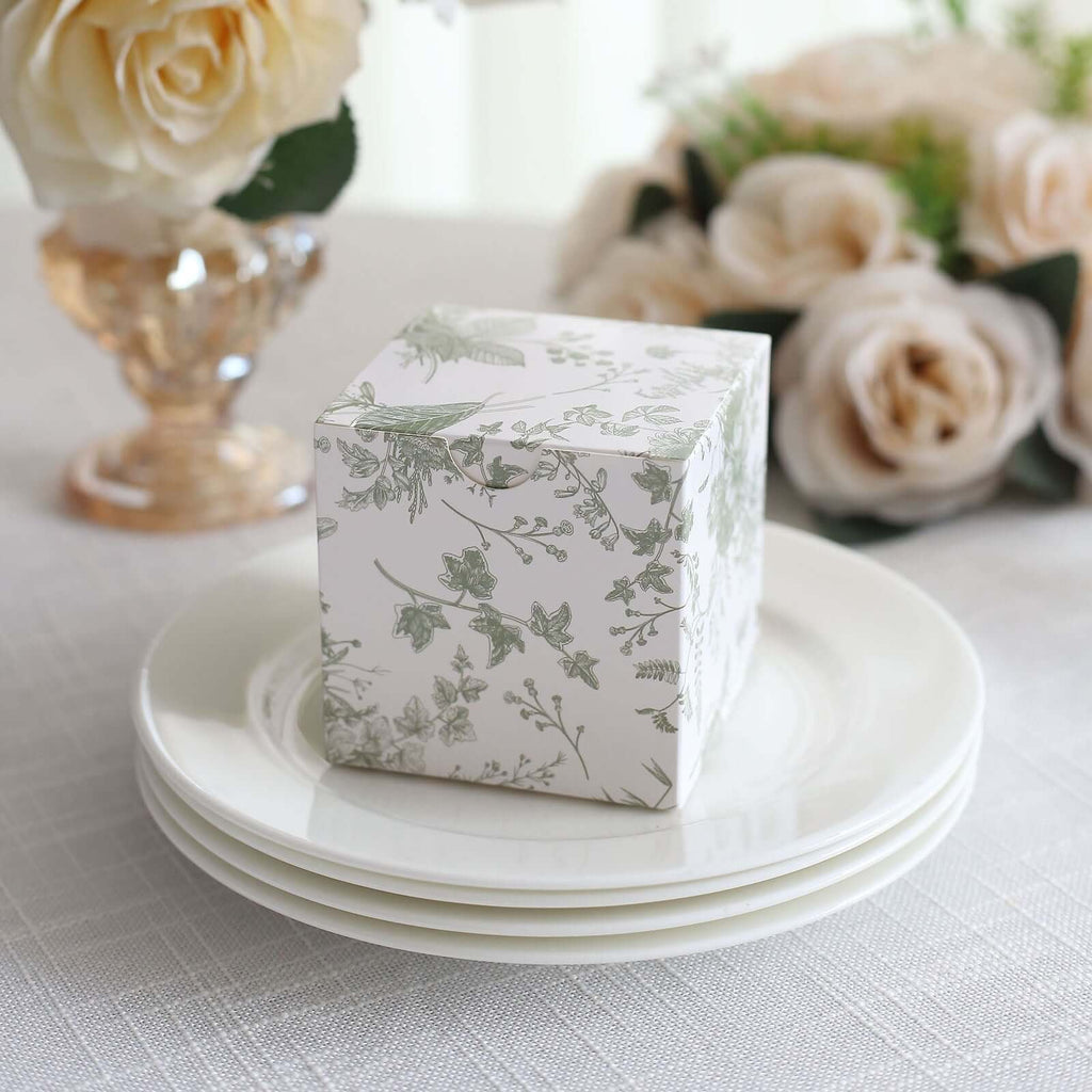 25 Pack White Sage Green Paper Favor Boxes in French Toile Pattern, Cardstock Party Shower Candy Gift Boxes - 3"x3"x3" - Bell Racket Store