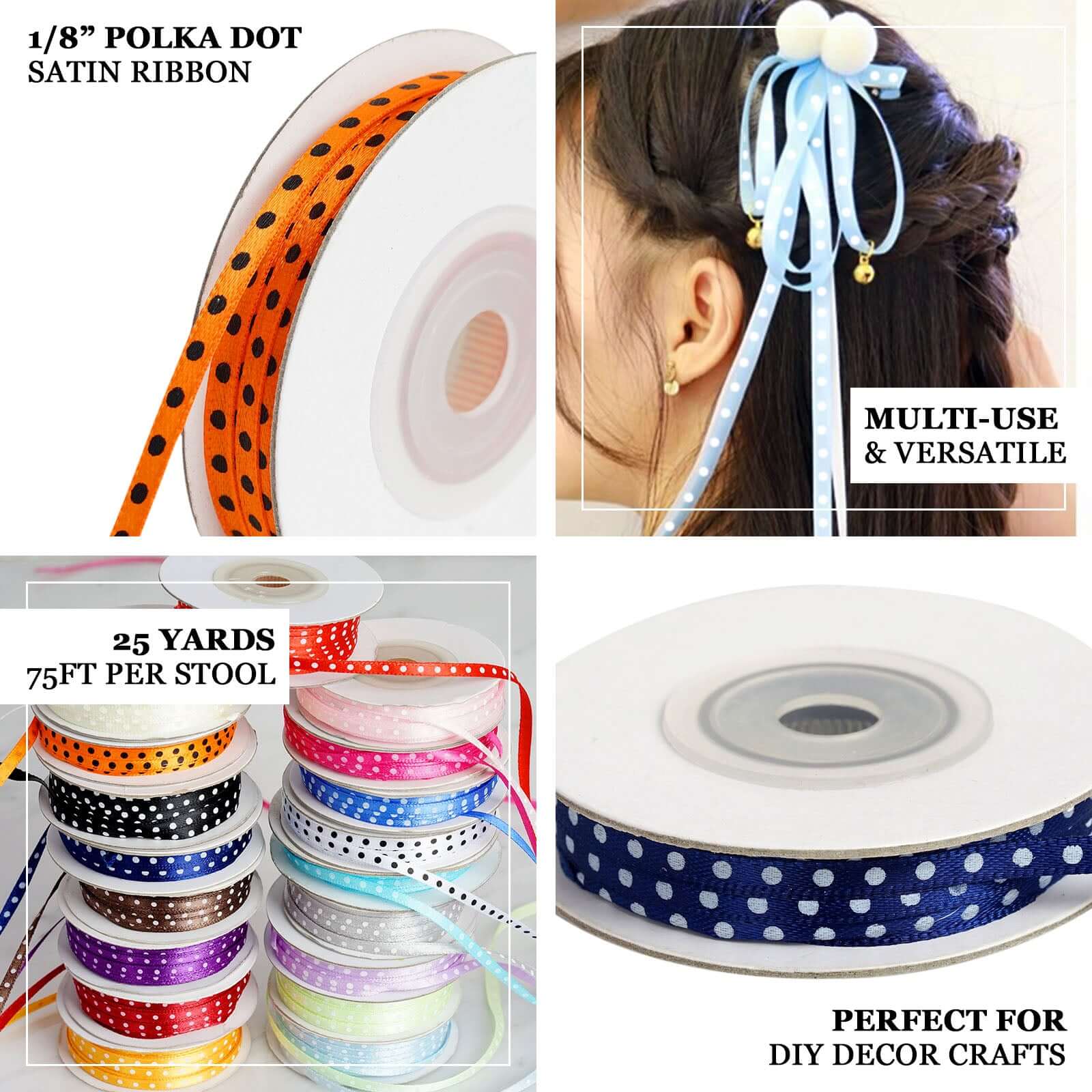 25 Yards 1/8" Light Blue Satin Polka Dot Ribbon - Clearance SALE - Bell Racket Store