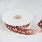 25 Yards 7/8" Chocolate Brown Pink Paw Print Satin Ribbon - Bell Racket Store