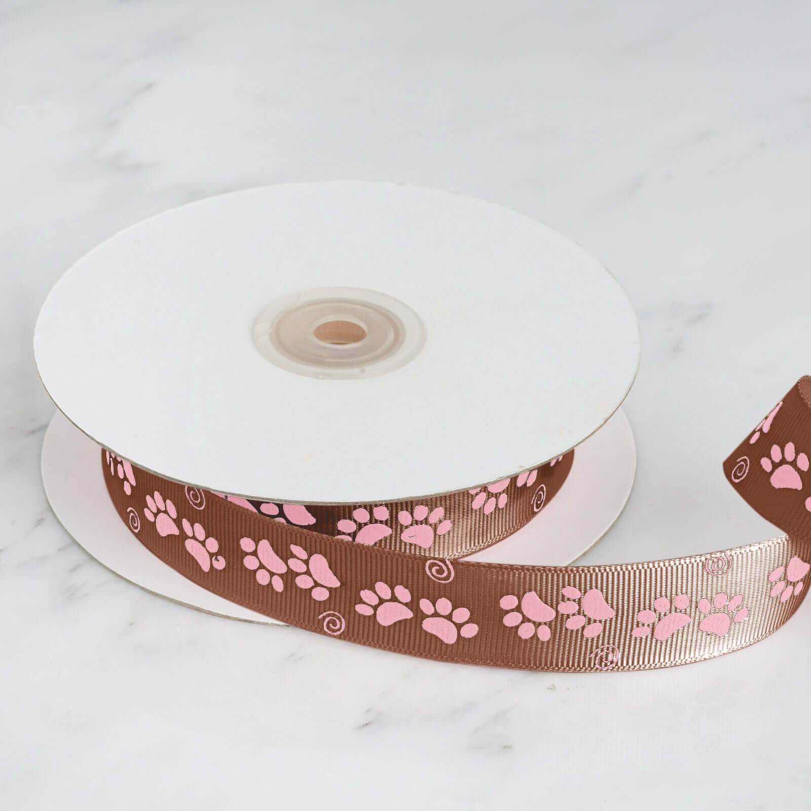 25 Yards 7/8" Chocolate Brown Pink Paw Print Satin Ribbon - Bell Racket Store