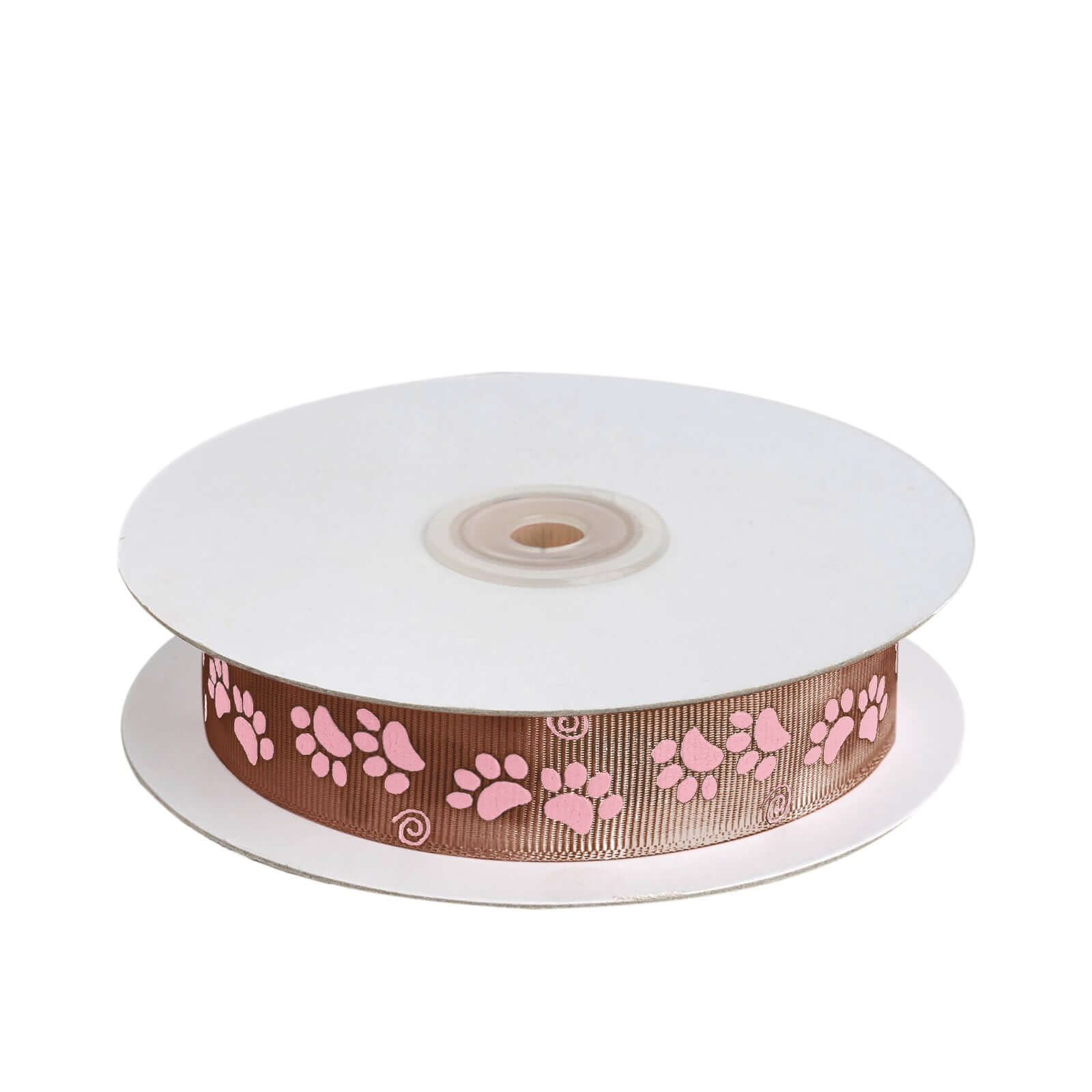 25 Yards 7/8" Chocolate Brown Pink Paw Print Satin Ribbon - Bell Racket Store