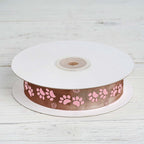 25 Yards 7/8" Chocolate Brown Pink Paw Print Satin Ribbon - Bell Racket Store