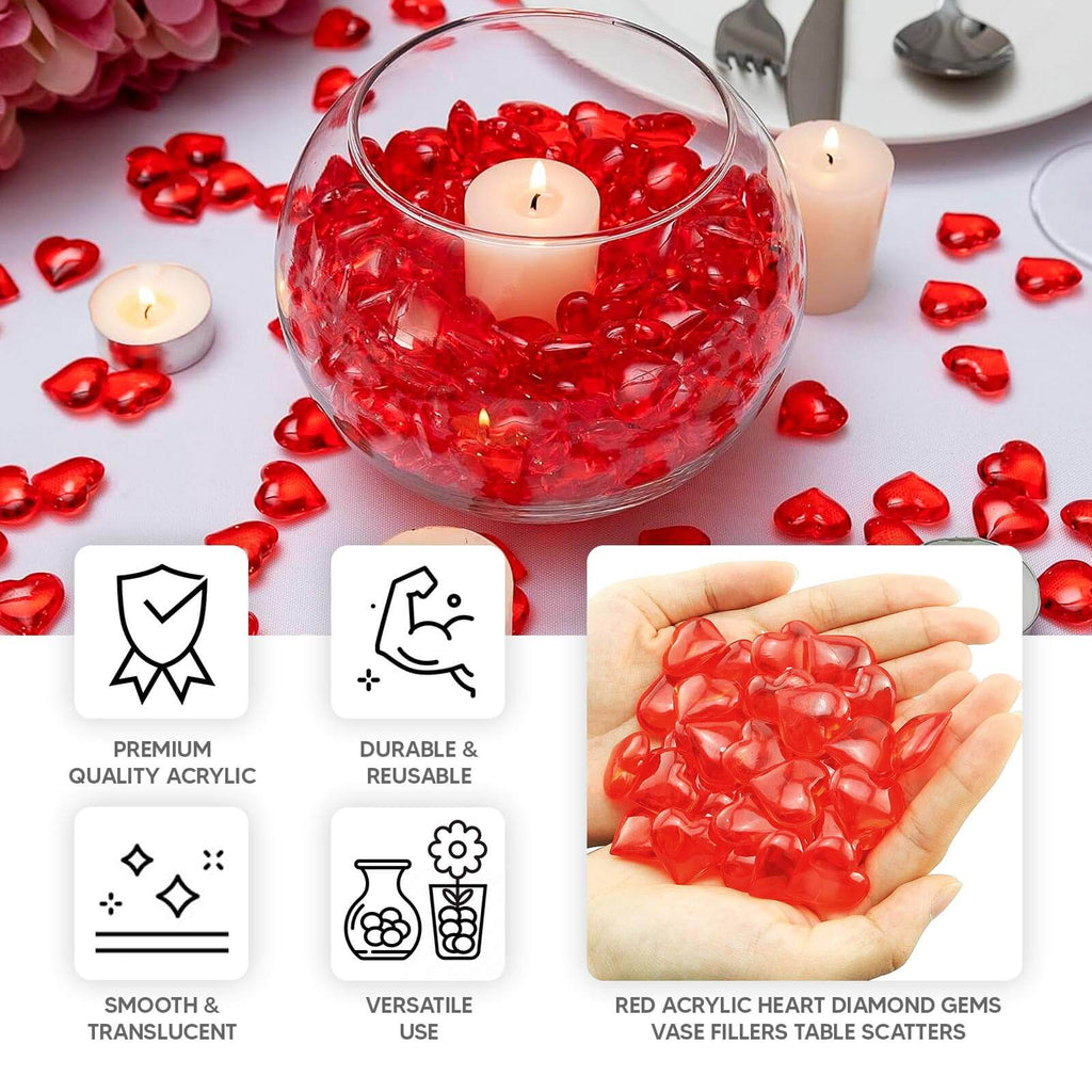 250 Pcs Acrylic Heart Diamond Gems Red Vase Fillers - Romantic Translucent Table Scatters for Valentineâ€™s Day & Events - Bell Racket Store