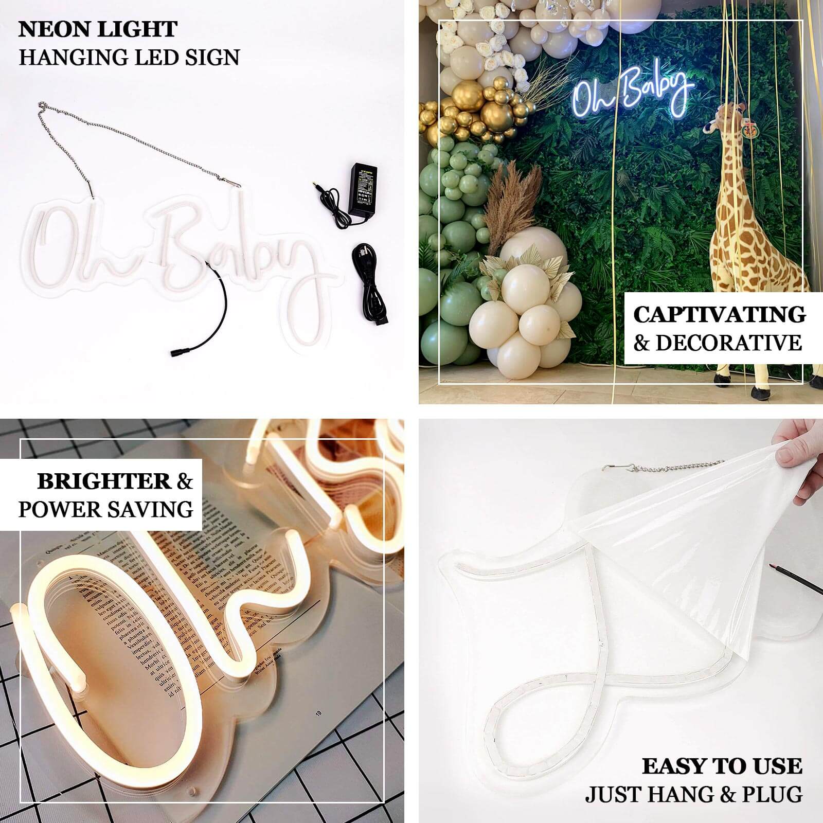 26" Oh Baby Neon Light Sign, LED Reusable Wall DÃ©cor Lights With 5ft Hanging Chain - Bell Racket Store