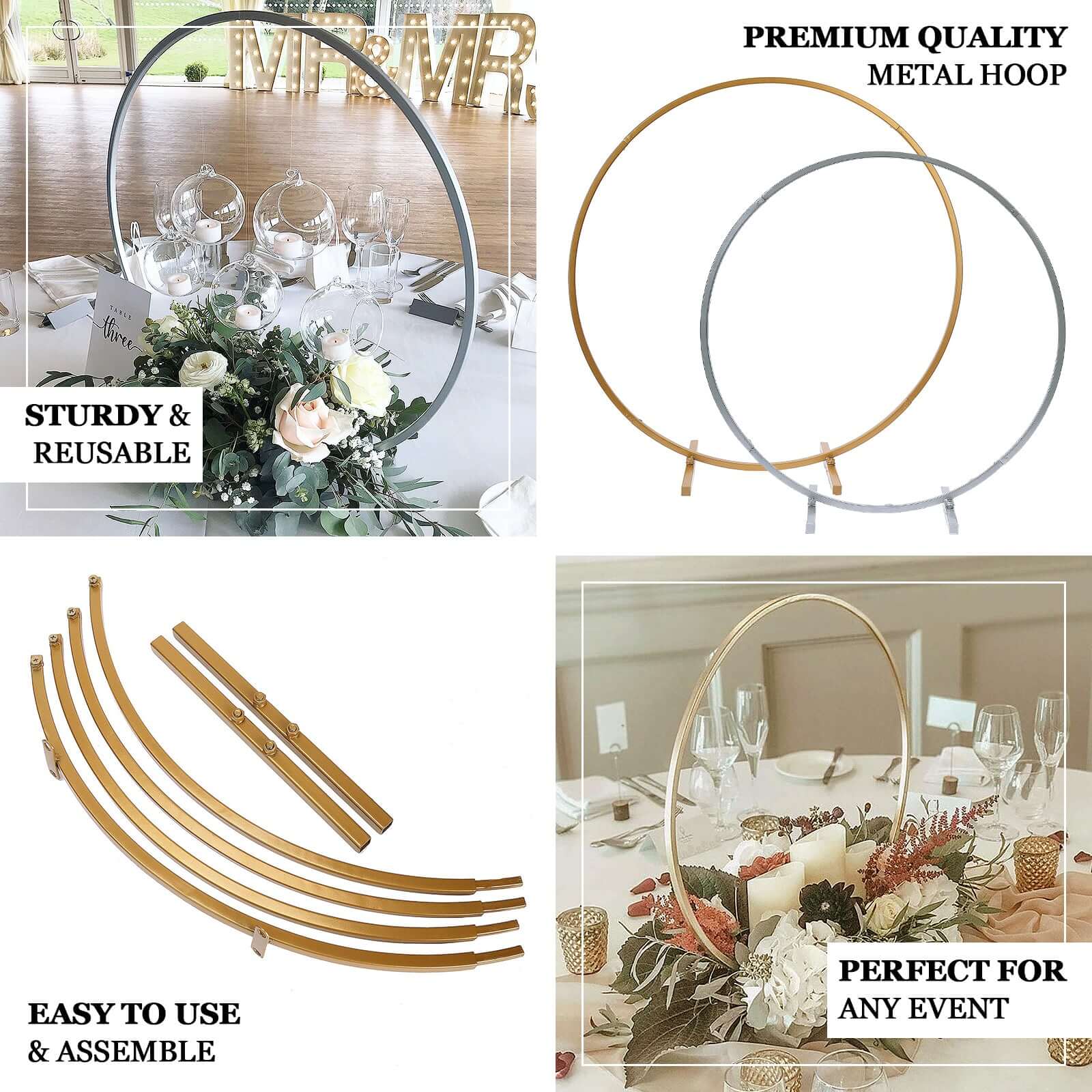 28" Gold Metal Round Hoop Wedding Centerpiece, Self Standing Table Floral Wreath Frame - Bell Racket Store