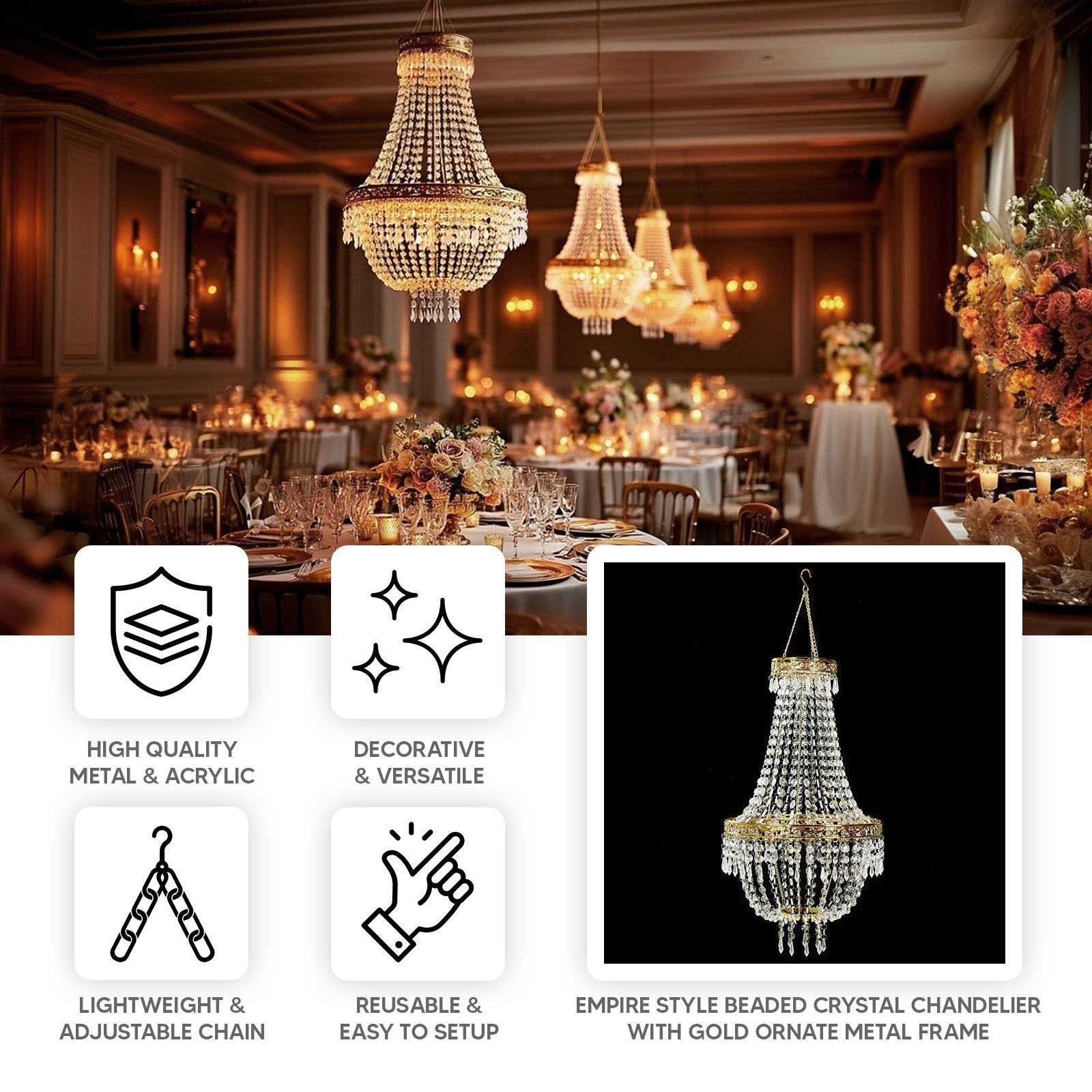 2ft Empire Style Beaded Crystal Chandelier with Gold Ornate Metal Frame, Adjustable Hanging Farmhouse Pendant Ceiling Lighting - Bell Racket Store