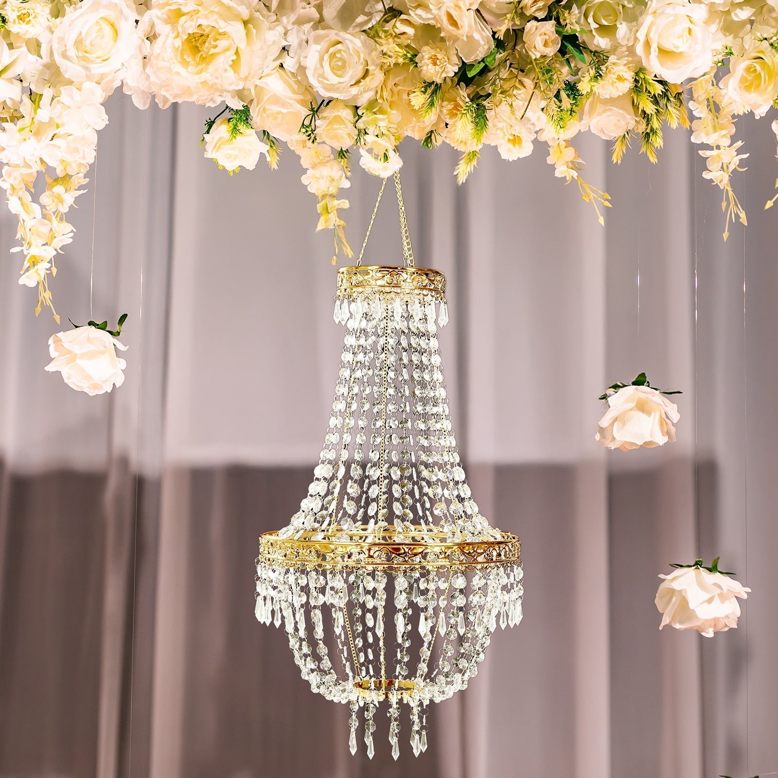 2ft Empire Style Beaded Crystal Chandelier with Gold Ornate Metal Frame, Adjustable Hanging Farmhouse Pendant Ceiling Lighting - Bell Racket Store