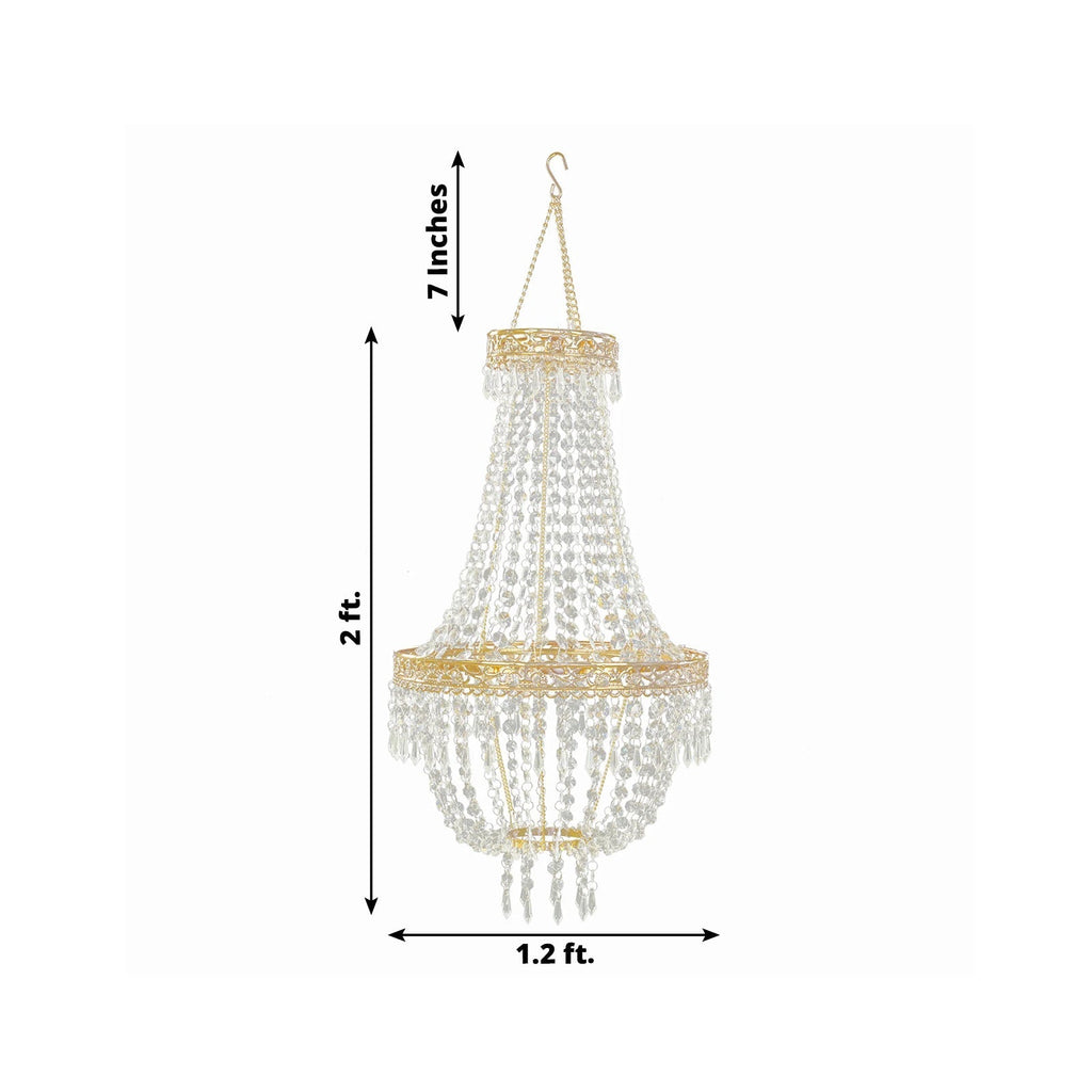 2ft Empire Style Beaded Crystal Chandelier with Gold Ornate Metal Frame, Adjustable Hanging Farmhouse Pendant Ceiling Lighting - Bell Racket Store
