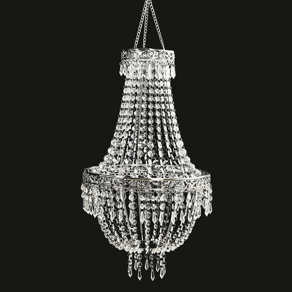 2ft Empire Style Beaded Crystal Chandelier with Silver Ornate Metal Frame, Adjustable Hanging Farmhouse Pendant Ceiling Lighting - Bell Racket Store
