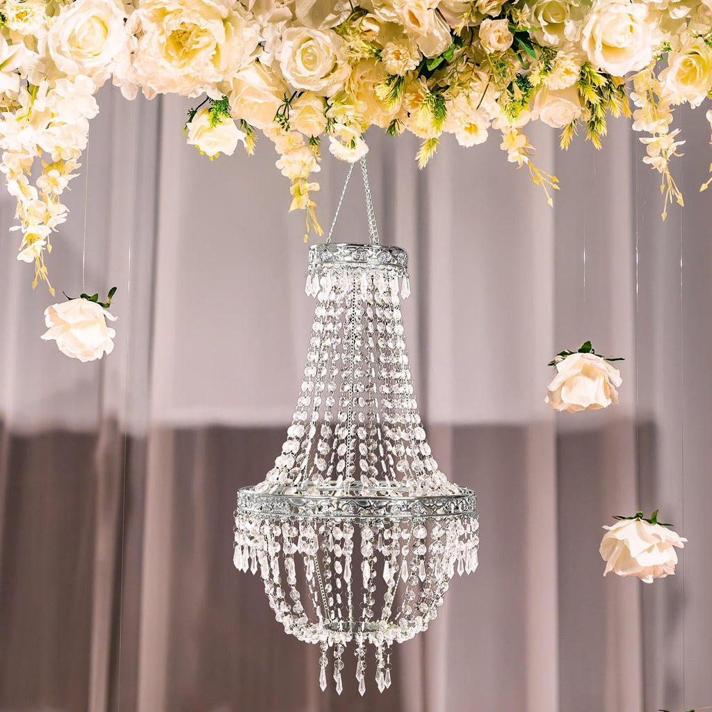 2ft Empire Style Beaded Crystal Chandelier with Silver Ornate Metal Frame, Adjustable Hanging Farmhouse Pendant Ceiling Lighting - Bell Racket Store