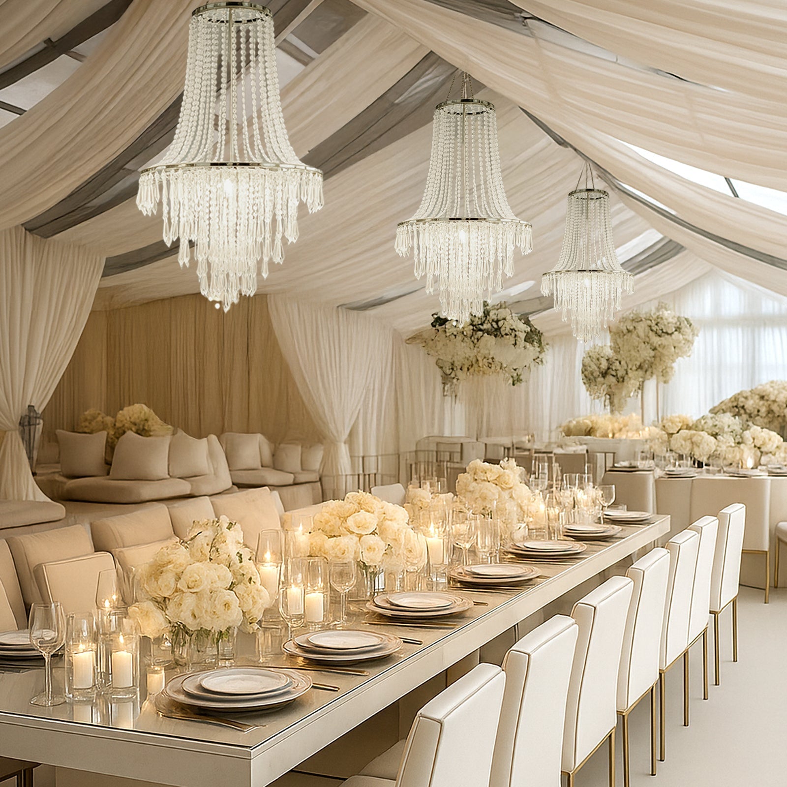 2ft Fountain Crystal Beaded Chandelier â€“ Hanging Pendant Light with Silver Metal Frame & Hook Chain, Elegant Tiered Design - Bell Racket Store