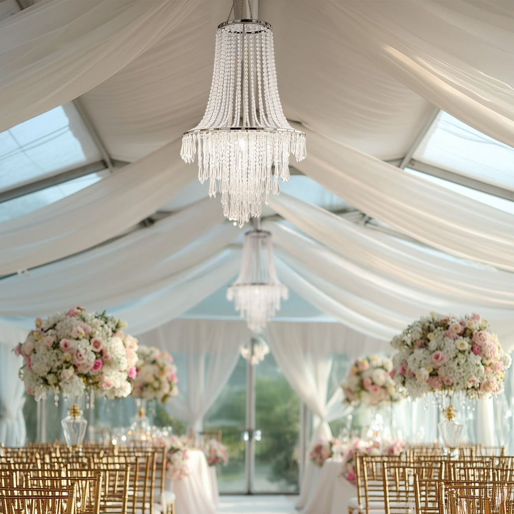 2ft Fountain Crystal Beaded Chandelier â€“ Hanging Pendant Light with Silver Metal Frame & Hook Chain, Elegant Tiered Design - Bell Racket Store