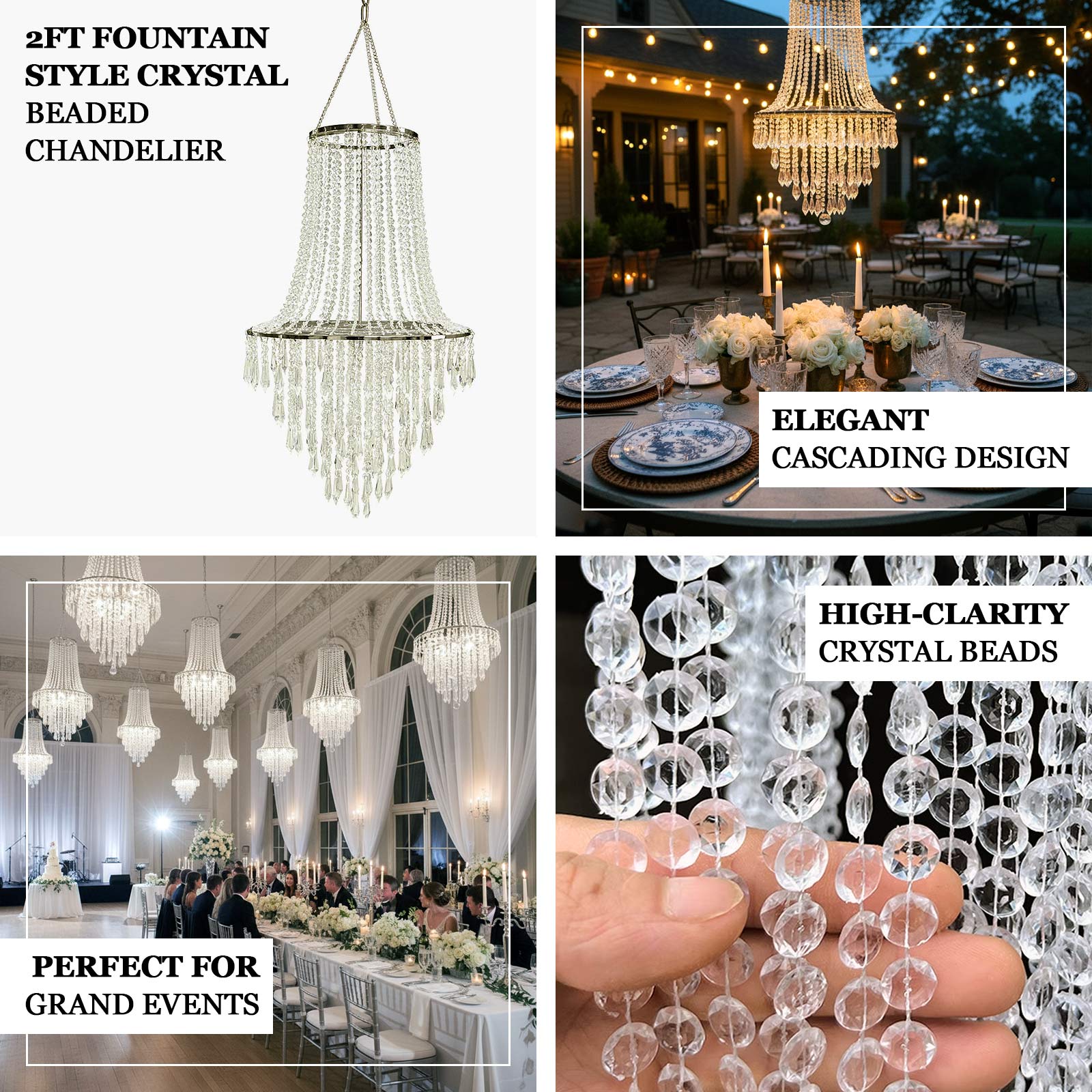 2ft Fountain Crystal Beaded Chandelier â€“ Hanging Pendant Light with Silver Metal Frame & Hook Chain, Elegant Tiered Design - Bell Racket Store