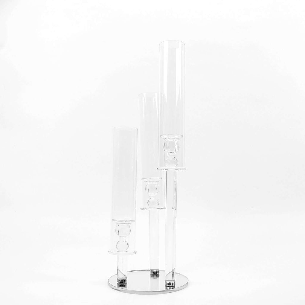 3 - Arm Round Crystal Glass Candelabra Clear Taper Design - Sophisticated Pillar Candle Holder Table Centerpiece for Weddings 23" - Bell Racket Store