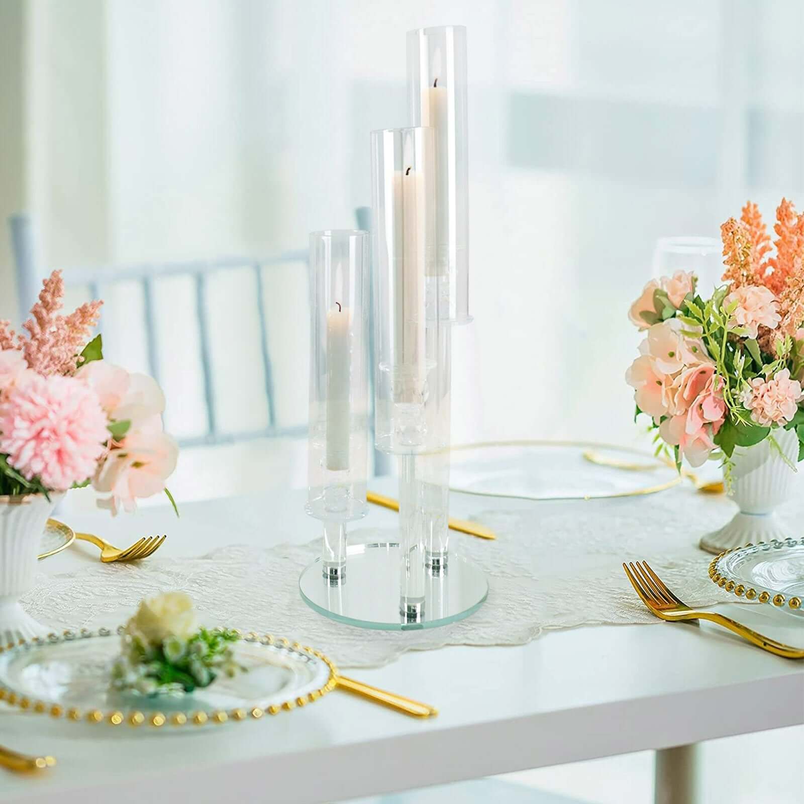 3 - Arm Round Crystal Glass Candelabra Clear Taper Design - Sophisticated Pillar Candle Holder Table Centerpiece for Weddings 23" - Bell Racket Store